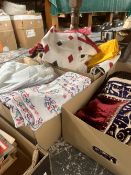 THREE BOXES OF INDIAN LINENS AND CUSHION COVERS ETC