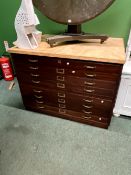 A VINTAGE MAHOGANY TWO PART PLAN CHEST OF EIGHT DRAWERS WITH SCRUBBED TOP H 82 W. 124 D. 91cms