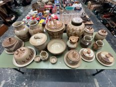 A COLLECTION OF COOKIE SCOTTORN STUDIO POTTERY, CHEESE DISHES, JARS, JUGS AND BOWLS