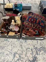 TWO CARPET WORK CUSHIONS, TEXTILE DOOR LINTELS, SOFT TOYS, ETC.