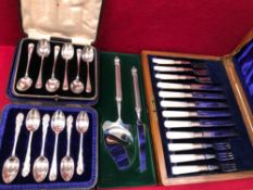 TWO HALLMARKED SILVER CASED SETS OF SPOONS, A CANTEEN OF PLATED KNIVES AND FORKS WITH MOTHER OF