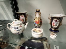 TWO ROYAL WORCESTER POTS WITH PAINTED LIDS, A TEA POT AND THREE FLOWER PAINTED VASES