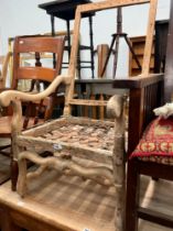 AN EARLY 18th C. FRENCH WALNUT ARMCHAIR WITH A TALL RECTANGULAR BACK ( LACKING UPHOLSTERY