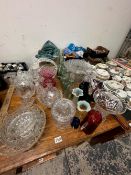 COLLECTION OF GLASS WARE TO INCLUDE CAKE STAND, BASKET BISCUIT BARREL, BOTTLES, VASES ETC