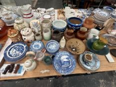 SPODES ITALIAN AND WILLOW PATTERN WARES, PLANTERS, STORAGE JARS, SALTGLAZE AND OTHER JUGS