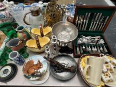 A CANTEEN OF ELECTROPLATE CUTLERY, GREEN DRINKING GLASS, A PALISSY COFFEE SET, PEWTER BOWLS, AN