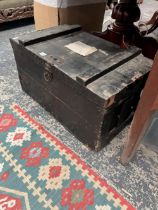 A ANTIQUE METAL BOUND PINE LIFT TOP BOX