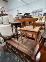 A VINTAGE CHILD'S SCHOOL DESK, TOGETHER WITH A LAMP TABLE AND A STOOL (3)