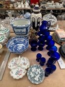 BLUE DRINKING GLASS, AN AUSTRIAN AND ANOTHER VASE, A CHINESE BLUE AND WHITE PLANTER, A CROWN DRESDEN