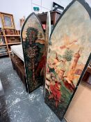 A DECORATIVE PAINTED THREE FOLD FLOOR SCREEN WITH MEDIEVAL STYLE DECORATION TOGETHER WITH A LOW