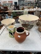 CREAM AND PURE MILK DAIRY BOWLS AND SHELL BIRD BATH TOGETHER WITH TWO JUGS