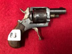 A 19th C. BLANK FIRING REVOLVING PISTOL WITH BLUED FINISH AND WOOD CHEQUER GRIPS.