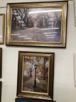 TWO LARGE FRAMED PRINTS OF PARK SCENES.