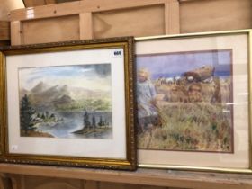 A WATERCOLOUR OF A LAKE SCENE TOGETHER WITH A PRINT AFTER LIONEL SMITH.