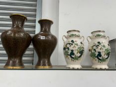 A PAIR OF CHINESE CLOISONNE VASES TOGETHER WITH A PAIR OF MASONS CHARTREUSE PATTERN VASES