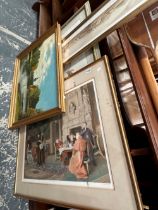 GROUP OF DECORATIVE FURNISHING PICTURES INCLUDING A OIL PAINTING OF A LANDSCAPE WATERCOLOURS ETC