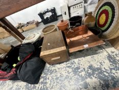 COPPER SCALES AND WEIGHTS, FLAGON'S, A WHICKER TARGET, PLANTERS, A CHILLTERN ARCHERY MERLIN BOW, ELC