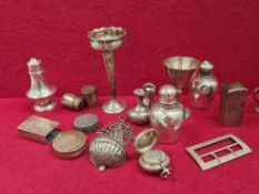 HALLMARKED SILVER TO INCLUDE A BUD VASE, MATCHBOX HOLDER, BUCKLE, SOVEREIGN HOLDER, CRUETS, INK WELL