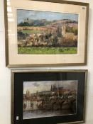 A FRAMED PASTEL OF A VILLAGE SCENE TOGETHER WITH A WATERCOLOUR OF A CONTINENTAL TOWN SCAPE.
