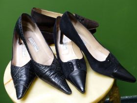 SHOES. THREE PAIR OF JOSEPH AZAGURY LONDON. SUEDE BROWN FLATS EUR SIZE 39. BLACK LEATHER AND SUEDE