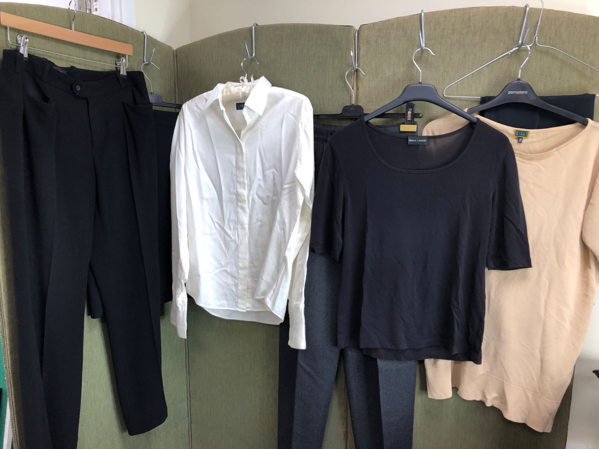 A GENNY BLACK WOOL SKIRT GB 34, A PAIR OF BLACK JOSEPH TROUSERS SIZE 42, A BLACK RENA LANGE T-SHIRT,