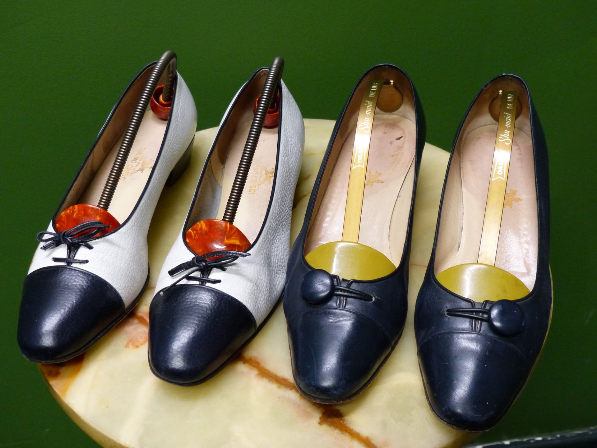SHOES. TWO PAIRS TANINO CRISCI NAVY AND MUSTARD HEALS EUR SIZE 39. WHITE AND NAVY SLIP ON'S EUR SIZE