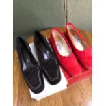 SHOES: A PAIR OF DARK BROWN SUEDE L.K BENNETT HEALED SHOES EU SIZE 40, TOGETHER WITH A PAIR OF RED