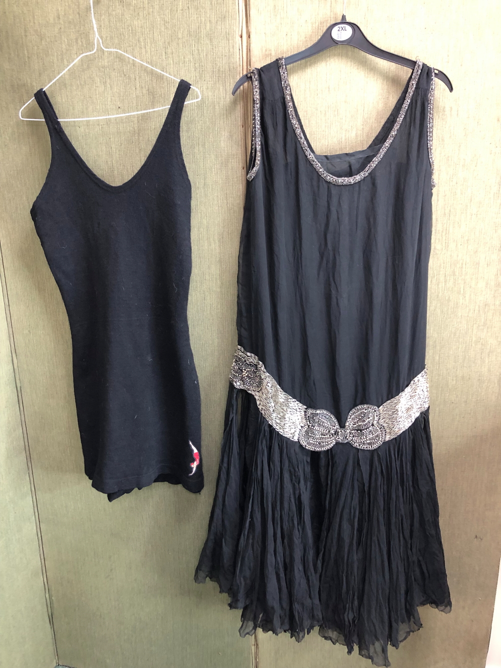 A MID CENTURY FLAPPER DRESS WITH BEADWORK ACCENTS TOGETHER WITH AN ANTIQUE 1920'S JANTZEN BLACK