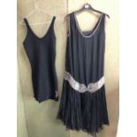 A MID CENTURY FLAPPER DRESS WITH BEADWORK ACCENTS TOGETHER WITH AN ANTIQUE 1920'S JANTZEN BLACK