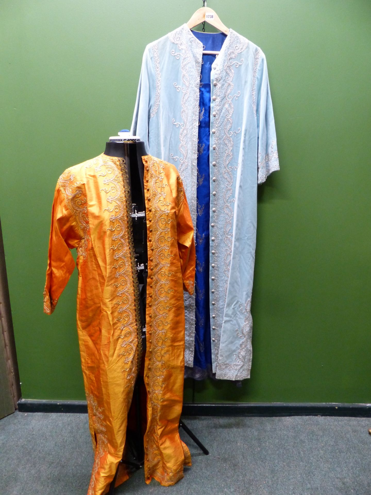 DRESSES. 1960's VELVET KAFTAN AND SILK DRESS. A SILVER KAFTAN WITH SILVER THREAD