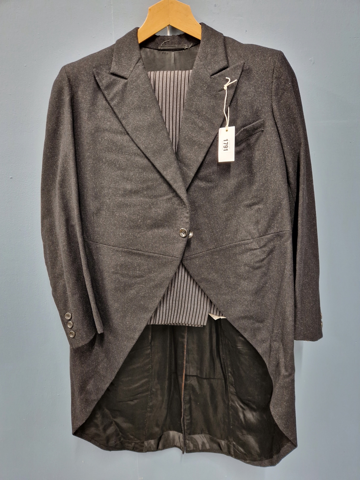 MORNING DRESS: A BLACK TAIL COAT, CHEST 40 AND STRIPED TROUSERS, WAIST 36