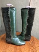 BOOTS: A PAIR OF BRUNO MAGLI GREEN LEATHER AND SUEDE BOOTS SIZE EU 39