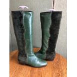 BOOTS: A PAIR OF BRUNO MAGLI GREEN LEATHER AND SUEDE BOOTS SIZE EU 39