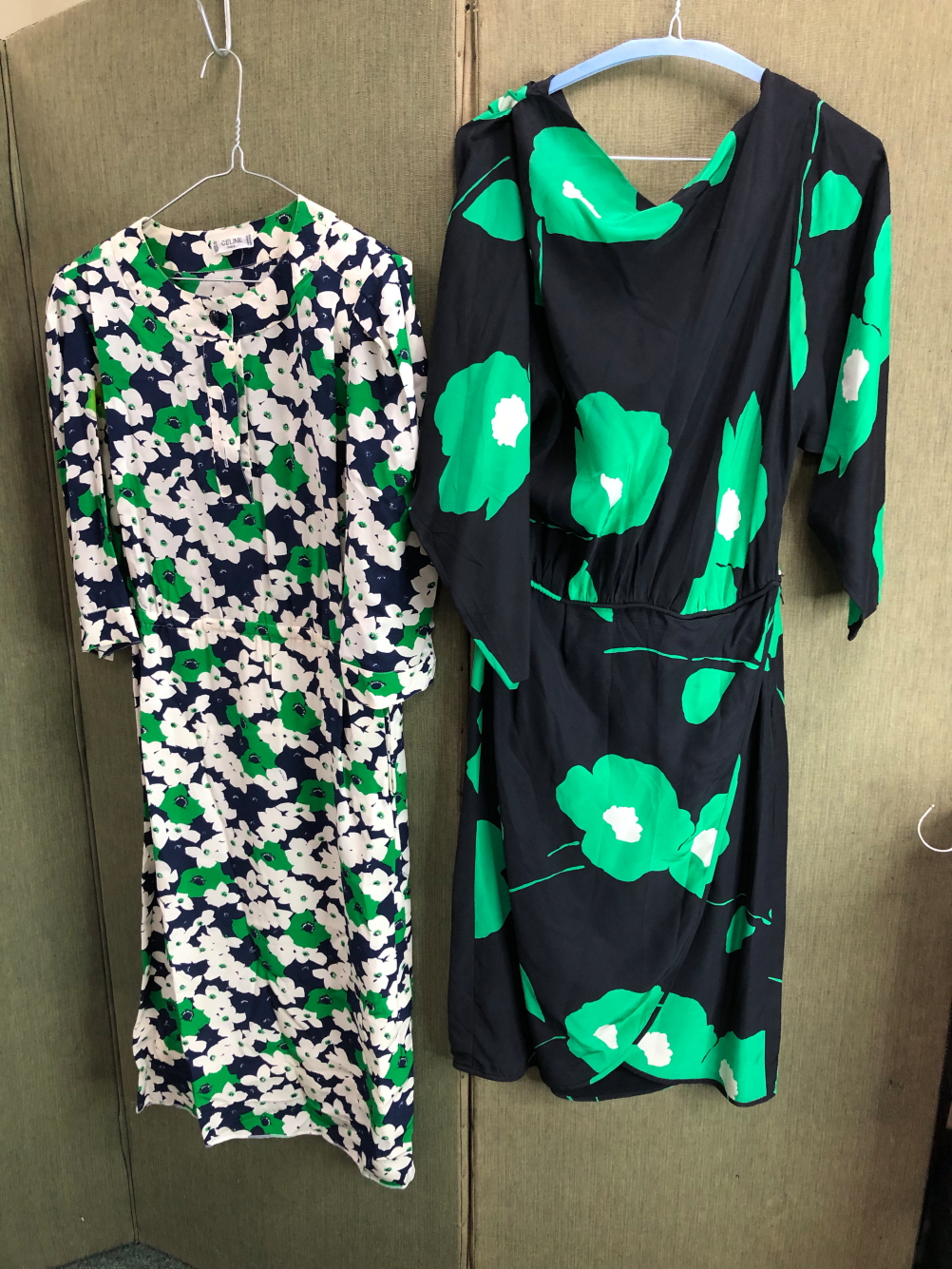 A CELINE PARIS BLUE, WHITE AND GREEN FLORAL PRINT DRESS SIZE 40, AND A FURTHER SCOOP BACK DRESS OF