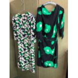 A CELINE PARIS BLUE, WHITE AND GREEN FLORAL PRINT DRESS SIZE 40, AND A FURTHER SCOOP BACK DRESS OF