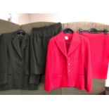 TWO LADIES SKIRT AND BLAZER SUITS TO INCLUDE, A FOREST GREEN AKRIS CLUB SIZE US 8 AND A RED FRENCH