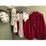 IRA LONDON, AN ERMINE FUR COLLARED RED VELVET JACKET WITH MATCHING SCARF AND MUFF, TOGETHER WITH A