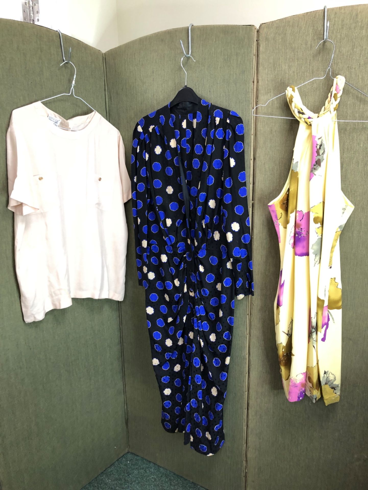 A LONG BLACK DRESS WITH BLUE AND CREAM SPOTS AND BUTTON FRONT, TOGETHER WITH A GEORGE GROSS SIZE