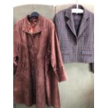 COATS: A LONG BROWN SUEDE COAT SIZE MED, TOGETHER WITH A SHORT PAUL COSTELLOE DRESSAGE TWEED