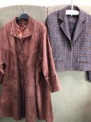 COATS: A LONG BROWN SUEDE COAT SIZE MED, TOGETHER WITH A SHORT PAUL COSTELLOE DRESSAGE TWEED