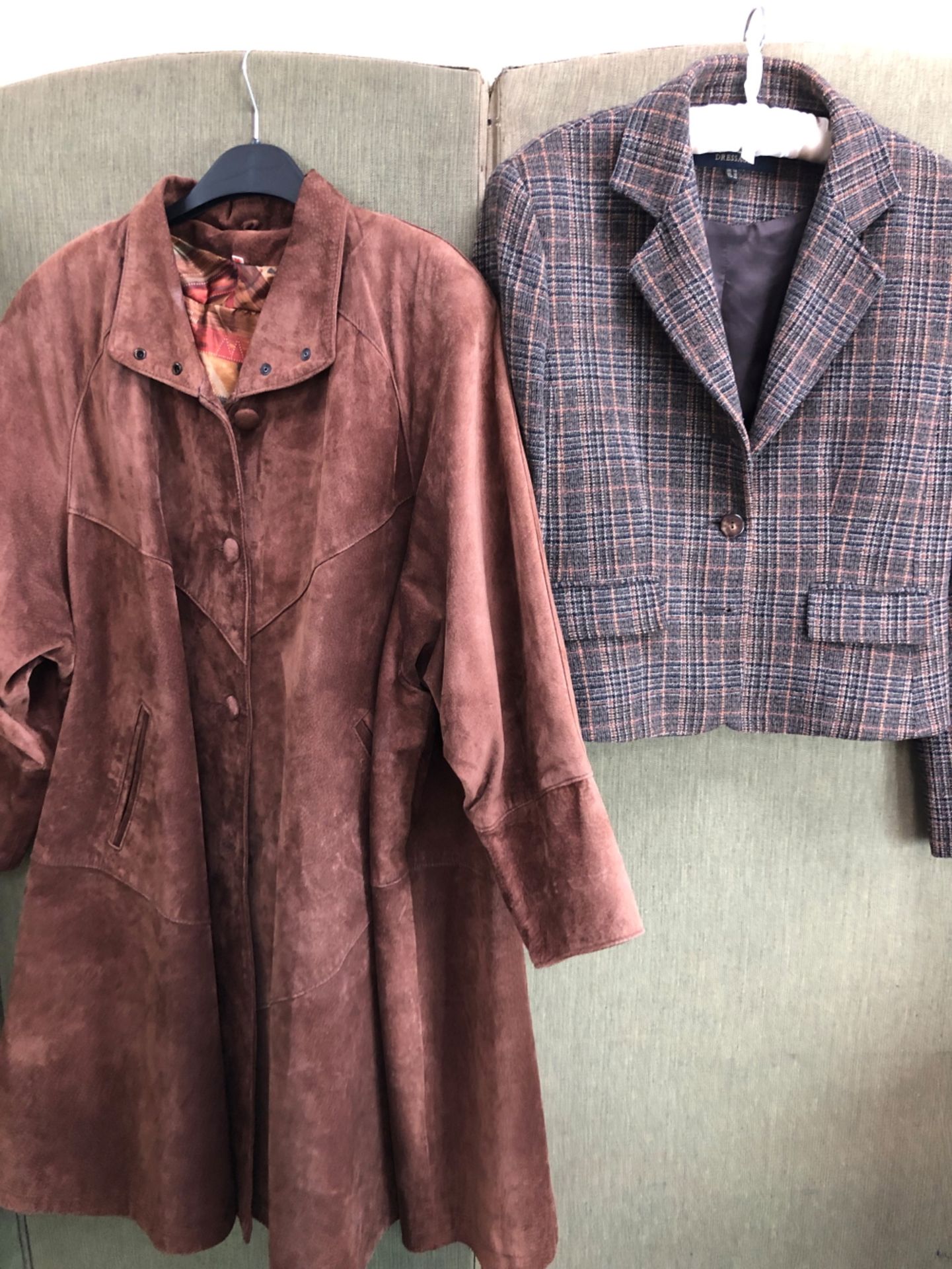 COATS: A LONG BROWN SUEDE COAT SIZE MED, TOGETHER WITH A SHORT PAUL COSTELLOE DRESSAGE TWEED