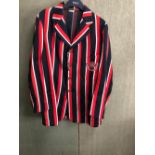 BLAZER. A MANS RED, BLACK AND WHITE BOATING BLAZER WITH ARMORIAL ON THE POCKET. PIT TO PIT 46cms,