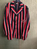 BLAZER. A MANS RED, BLACK AND WHITE BOATING BLAZER WITH ARMORIAL ON THE POCKET. PIT TO PIT 46cms,