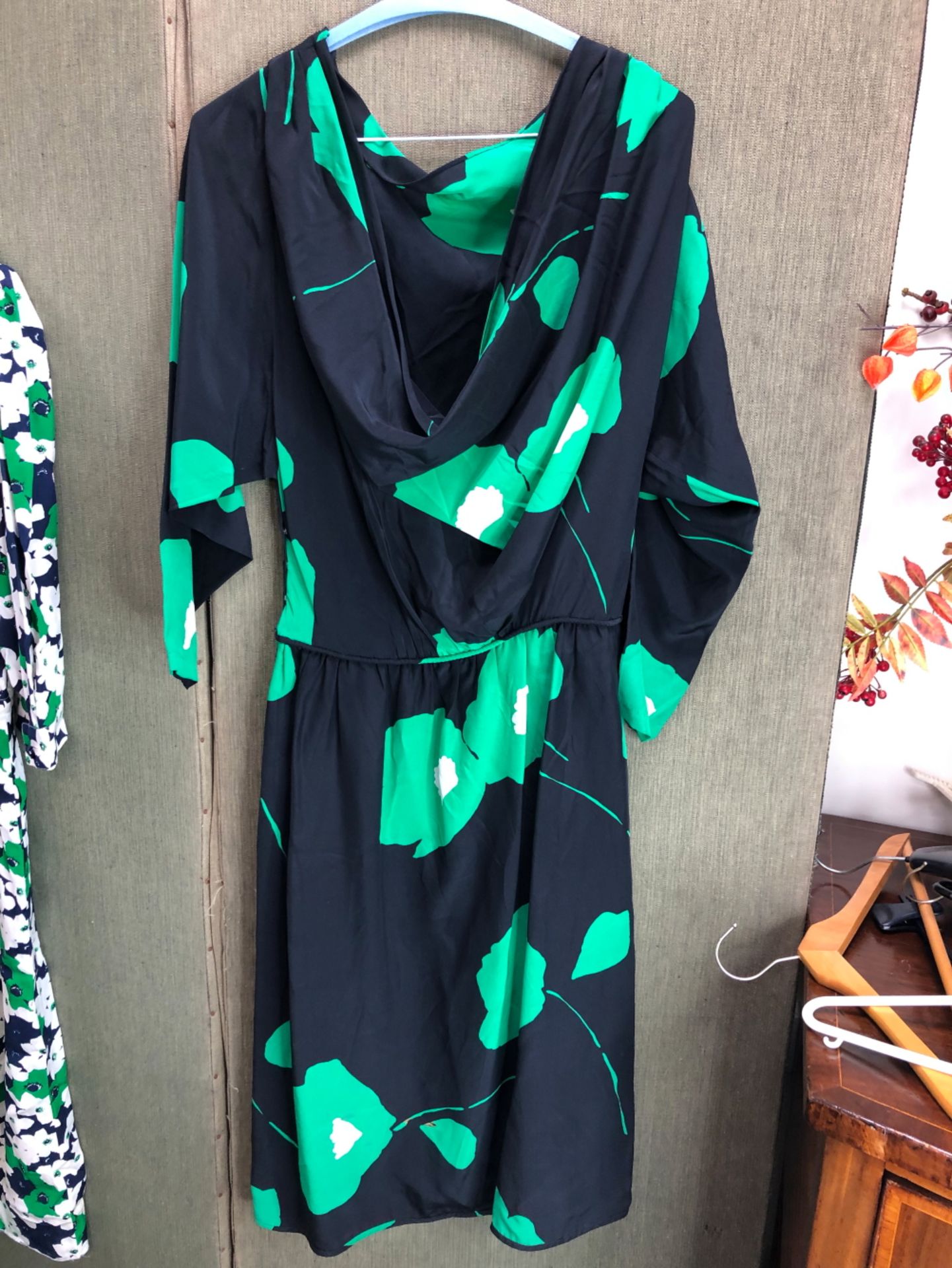 A CELINE PARIS BLUE, WHITE AND GREEN FLORAL PRINT DRESS SIZE 40, AND A FURTHER SCOOP BACK DRESS OF - Image 4 of 12