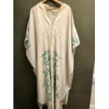 KAFTAN. ANNA ROOSE, PURE NEW WOOL, CREAM AND GREEN DETAIL FULL LENGTH KAFTAN, CIRCA 1970'S.