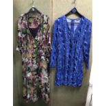 TWO M&S DRESSES, ONE GREEN FLORAL PRINT WITH CAMI UNDER DRESS SIZE UK 12, AND A SHORTER BLUE