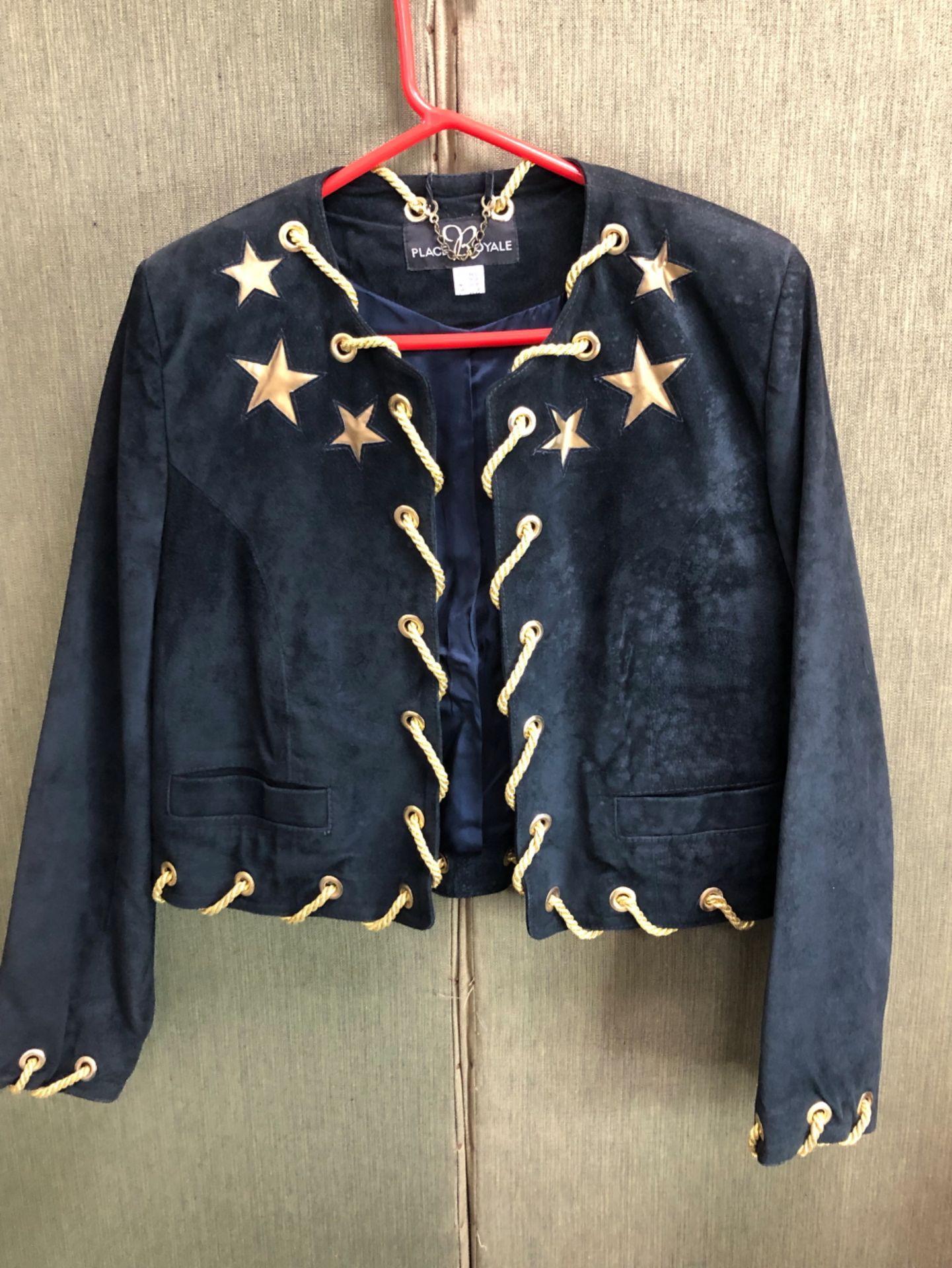 A DARK BLUE PLACE ROYALE SUEDE SHORT JACKET WITH GOLD STAR ROPE DETAIL GB 10/12