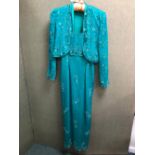 A MONSOON TWILIGHT GREEN SEQUIN DETAIL DRESS AND MATCHING JACKET UK SIZE 10