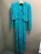 A MONSOON TWILIGHT GREEN SEQUIN DETAIL DRESS AND MATCHING JACKET UK SIZE 10