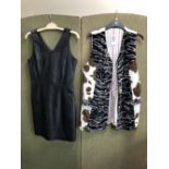 A SKIN TONES SHORT LEATHER BLACK DRESS SIZE 10, TOGETHER WITH A TOM GILBEY SAVILE ROW ANIMAL PRINT